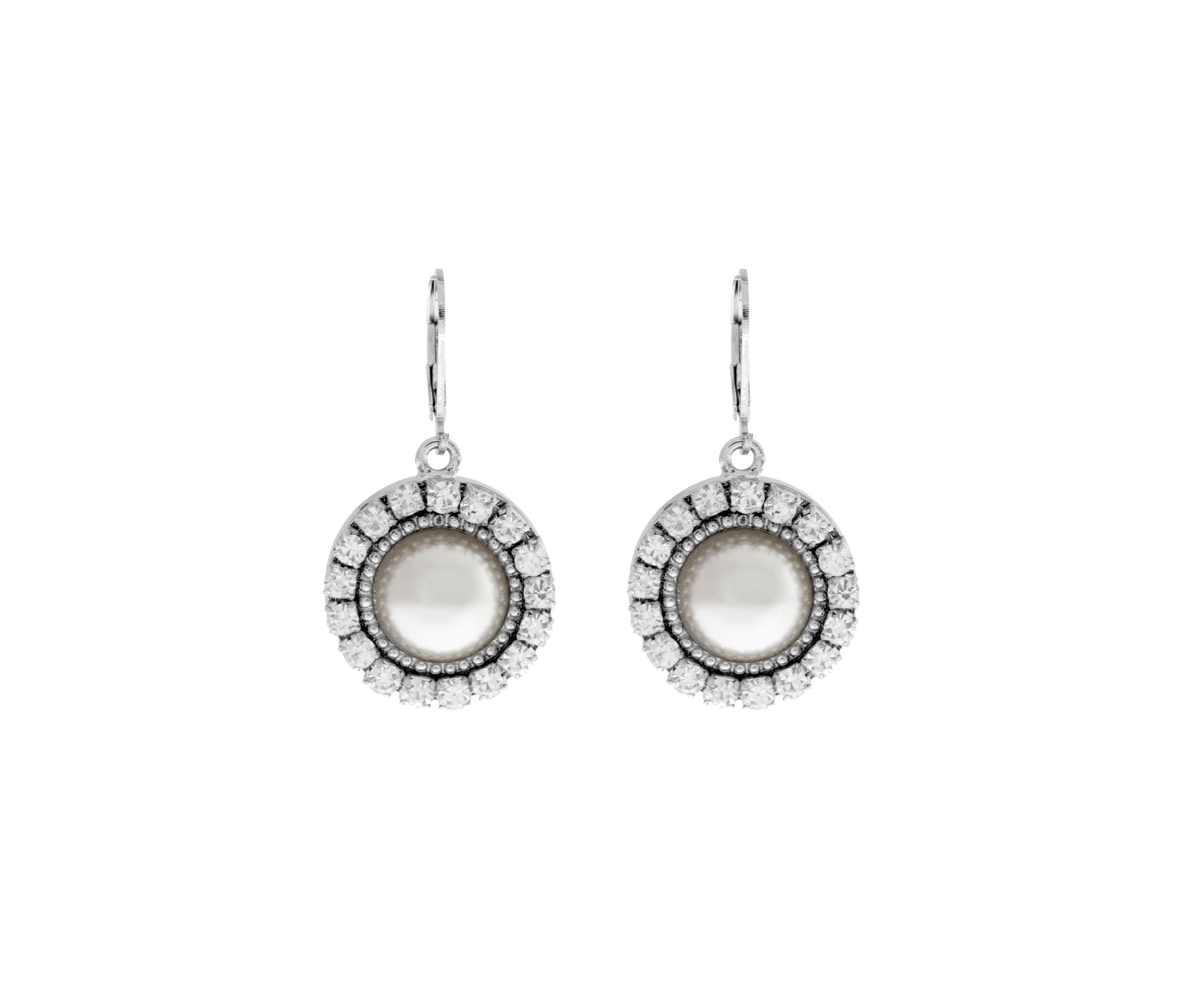 Silver Tone Round Crystal White Pearl Drop Earrings