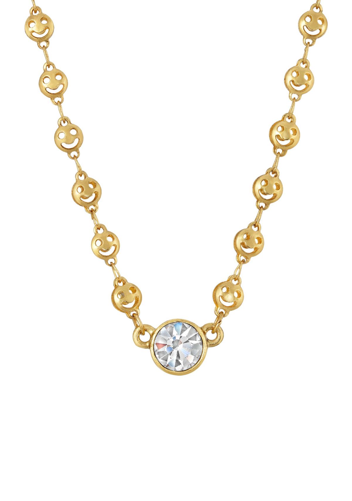 Gold Tone Happy Face Chain Crystal  Stone Necklace 16 In Adj