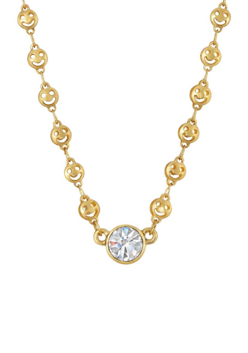 Gold Tone Happy Face Chain Crystal  Stone Necklace 16 In Adj