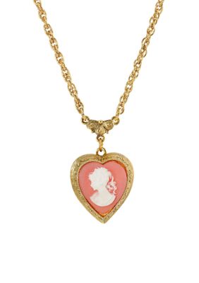 Gold Tone Heart Cameo Locket Necklace 