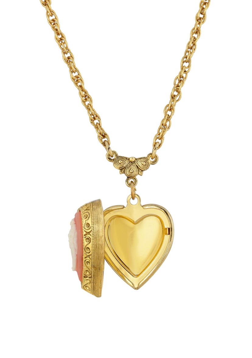 Gold Tone Heart Cameo Locket Necklace 