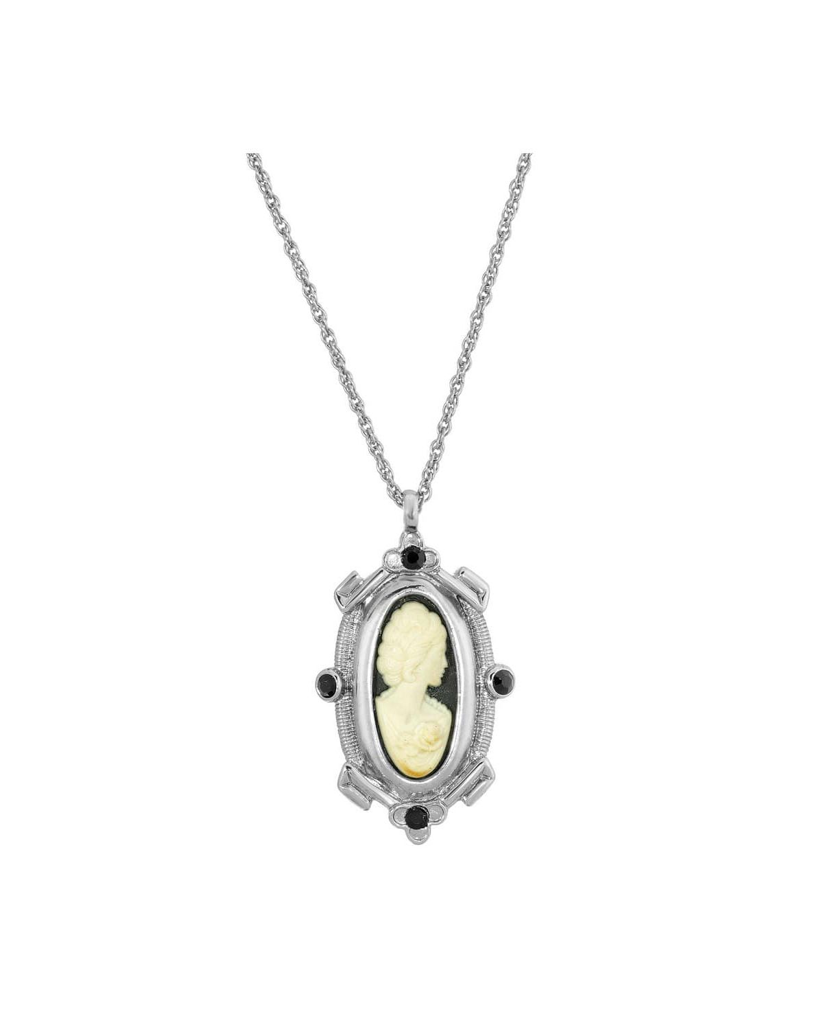 Silver Tone Black and White Oval Cameo Necklace 18 Inch