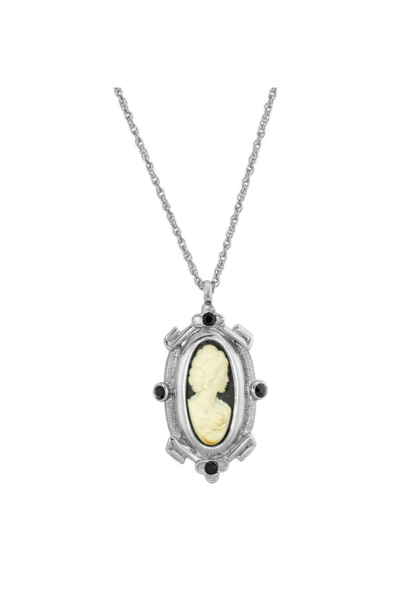 Silver Tone Black and White Oval Cameo Necklace 18 Inch
