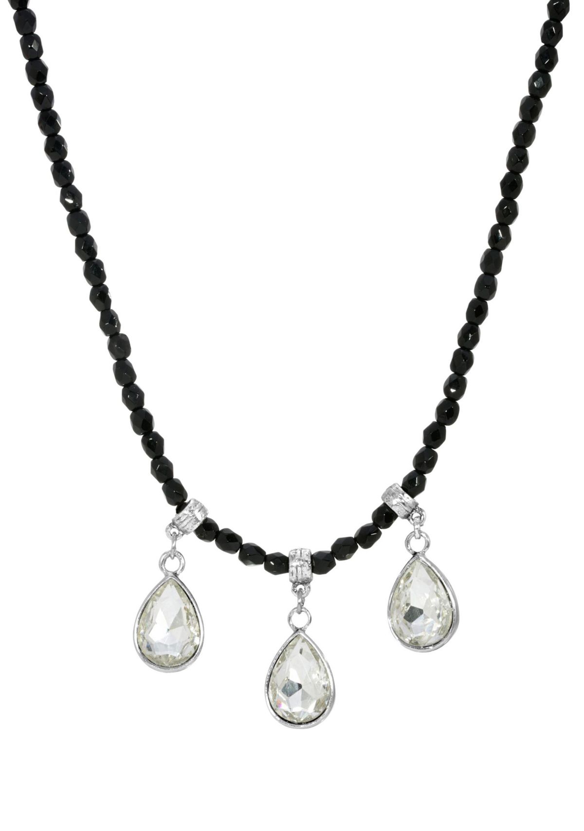 Silver Tone Small Black Bead Three Crystal Teardrop Necklace 