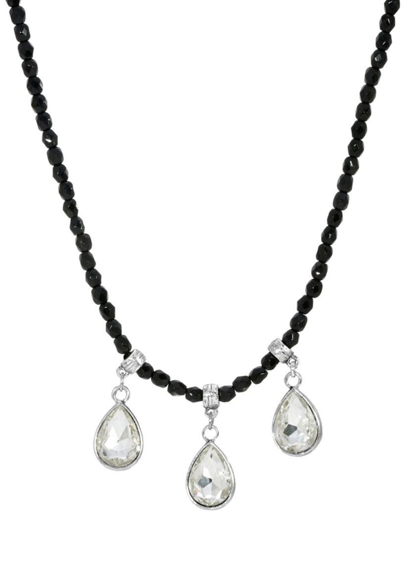 Silver Tone Small Black Bead Three Crystal Teardrop Necklace 