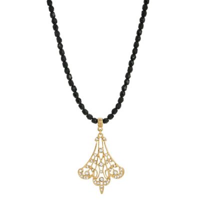 Gold Tone Crystal Filigree Drop Necklace Black Bead Chain 15 Inch Adj