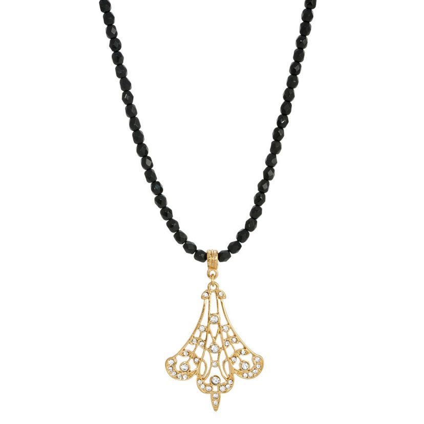 Gold Tone Crystal Filigree Drop Necklace Black Bead Chain 15 Inch Adj