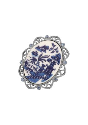 Silver Tone Oval Blue Willow Pin
