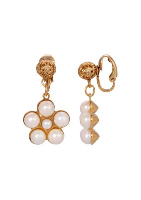 Gold-tone Faux Pearl Flower Clip Earrings