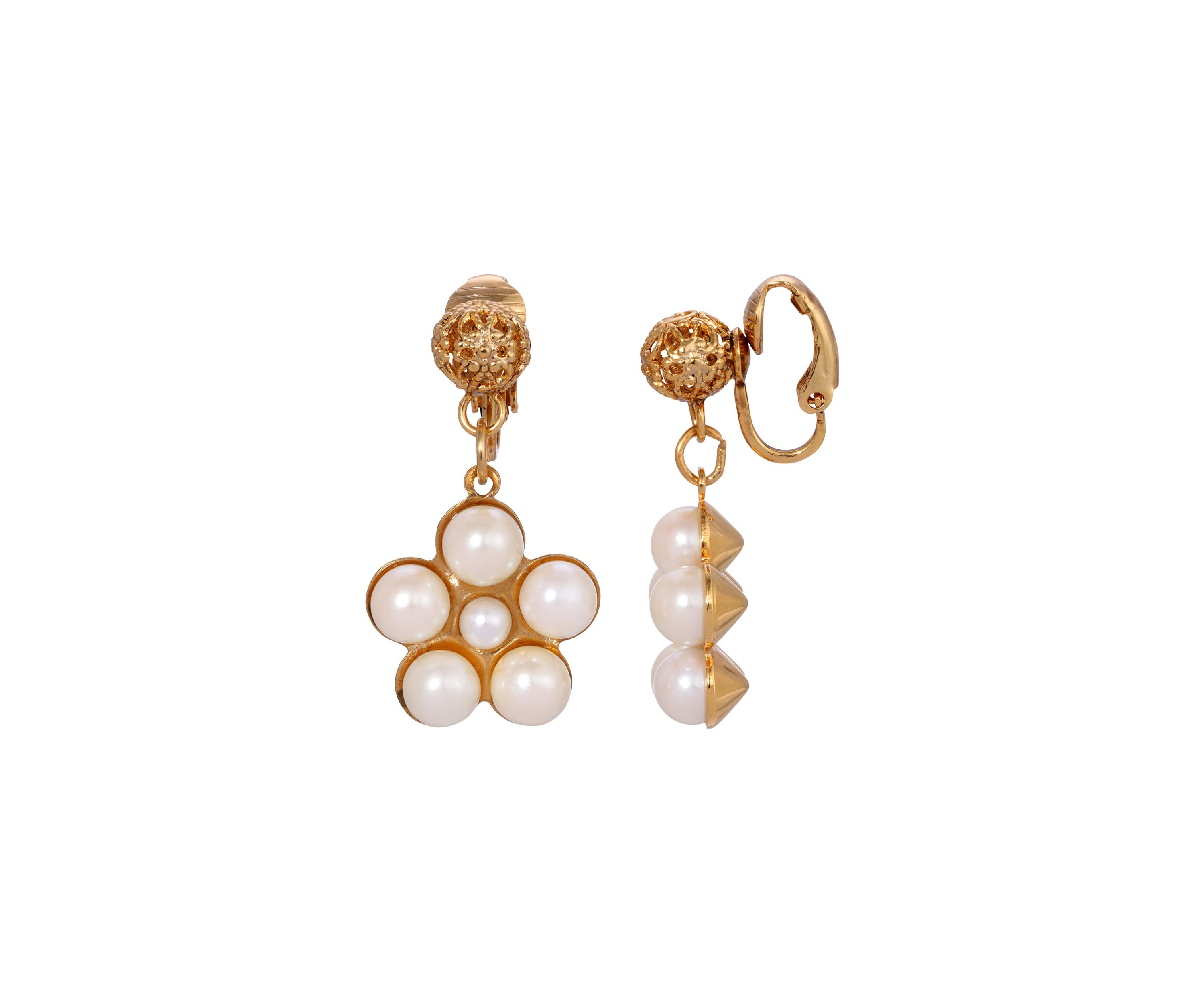 Gold-tone Faux Pearl Flower Clip Earrings
