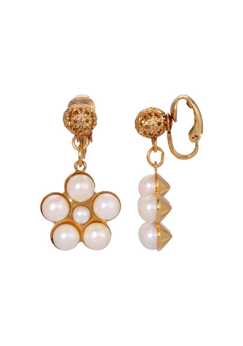 Gold-tone Faux Pearl Flower Clip Earrings