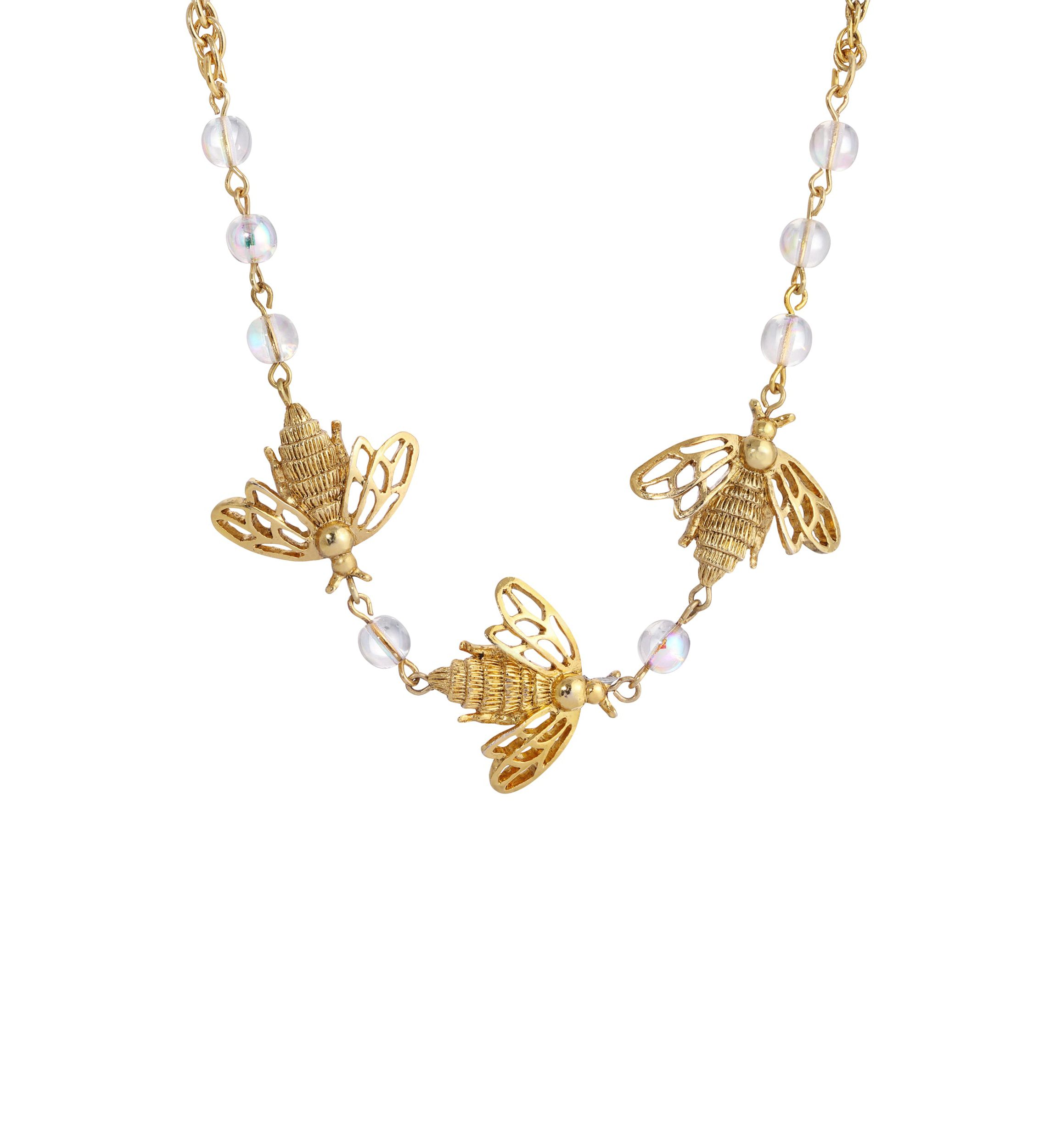Gold-tone Crystal Aurora Borealis Bee Necklace 16" adj.