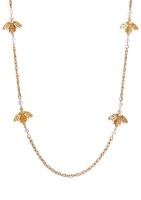 Gold-tone Crystal Aurora Borealis Bee Necklace 32"