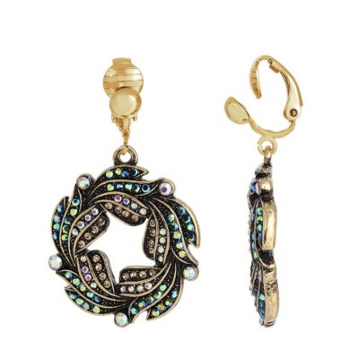 Gold Tone Blue Iridescent AB Glass Stone Wreath Clip Earrings