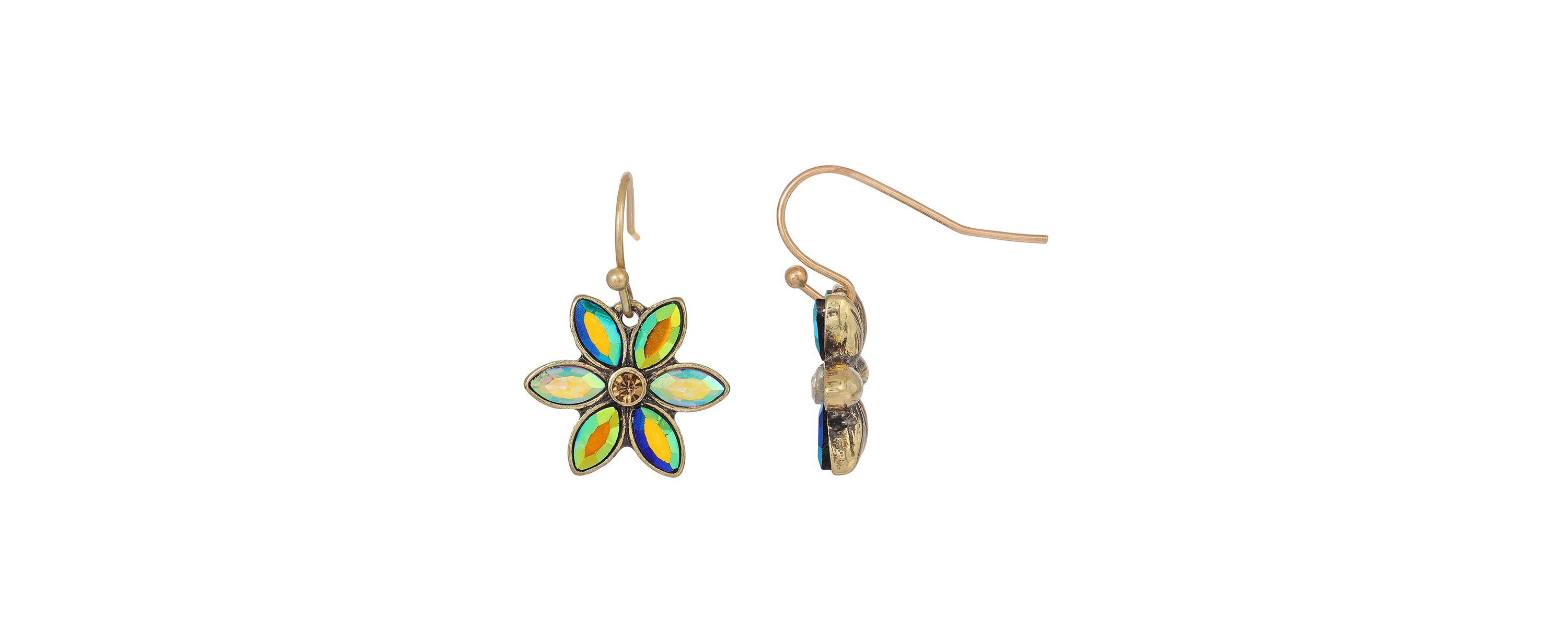 Gold Tone Blue Iridescent AB Glass Stone Flower Earrings