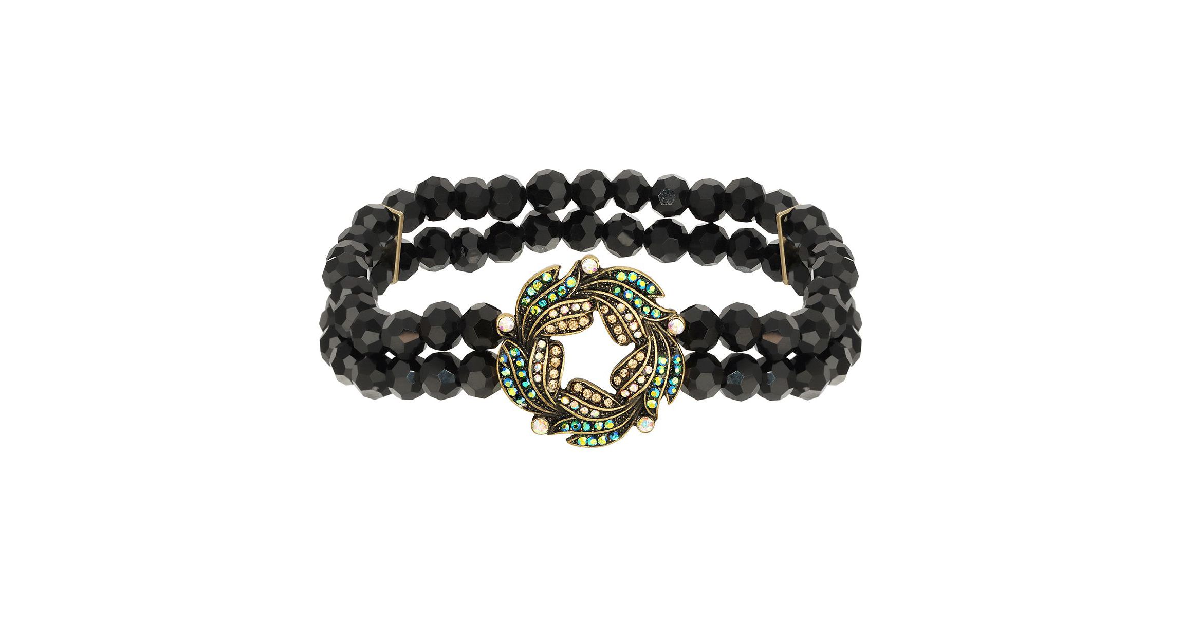 Gold Tone Blue Iridescent AB Glass Stone Wreath And Jet Bead Bracelet
