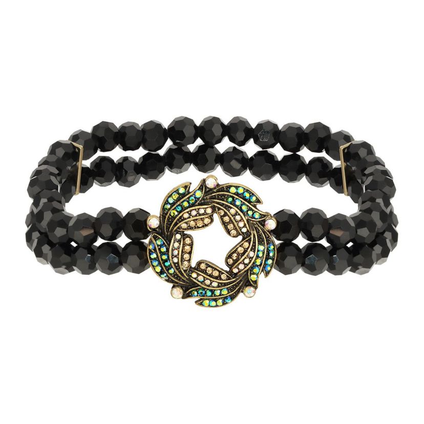 Gold Tone Blue Iridescent AB Glass Stone Wreath And Jet Bead Bracelet
