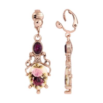 Rose Gold-Tone Purple Crystal Flower Clip Earrings