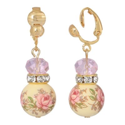 1928 Jewelry Gold Tone Lt. Rose Pink Floral Beaded Clip Earrings