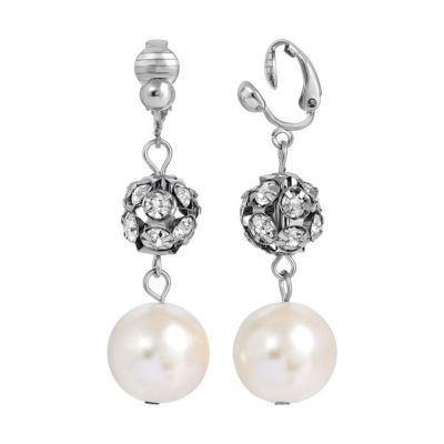 Silver-Tone Faux Pearl and Crystal Fireball Clip Earrings