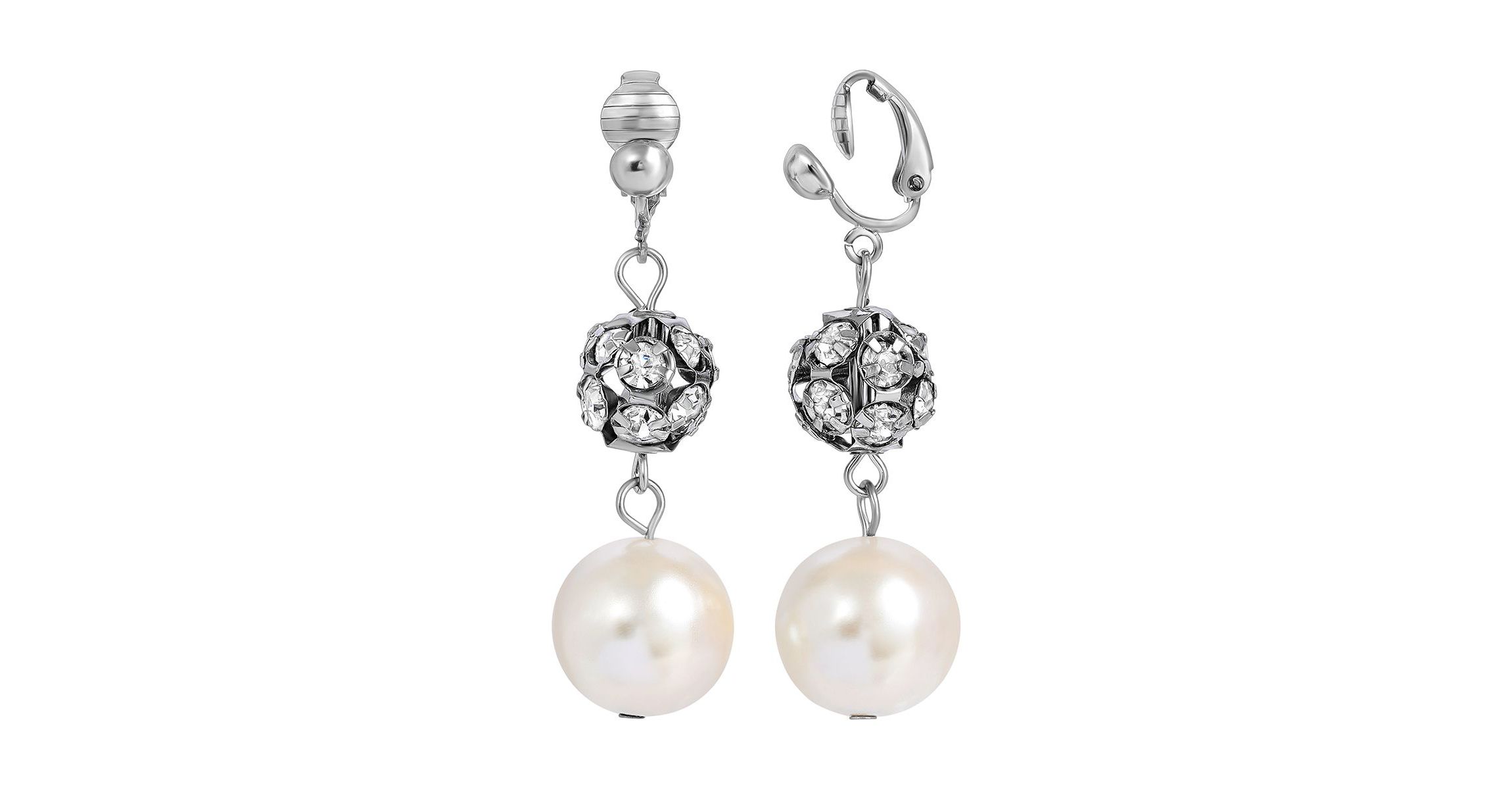 Silver-Tone Faux Pearl and Crystal Fireball Clip Earrings