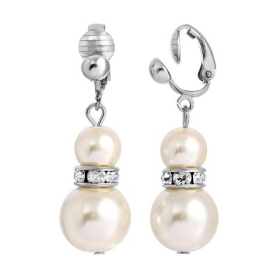 Silver-Tone White Graduated Faux Pearl and Crystal Clip Earrings