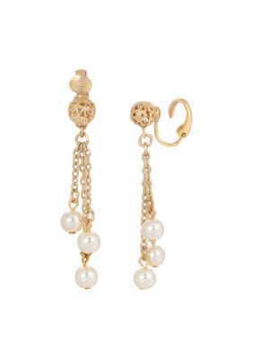 Gold-tone Faux Pearl Linear Clip Earring