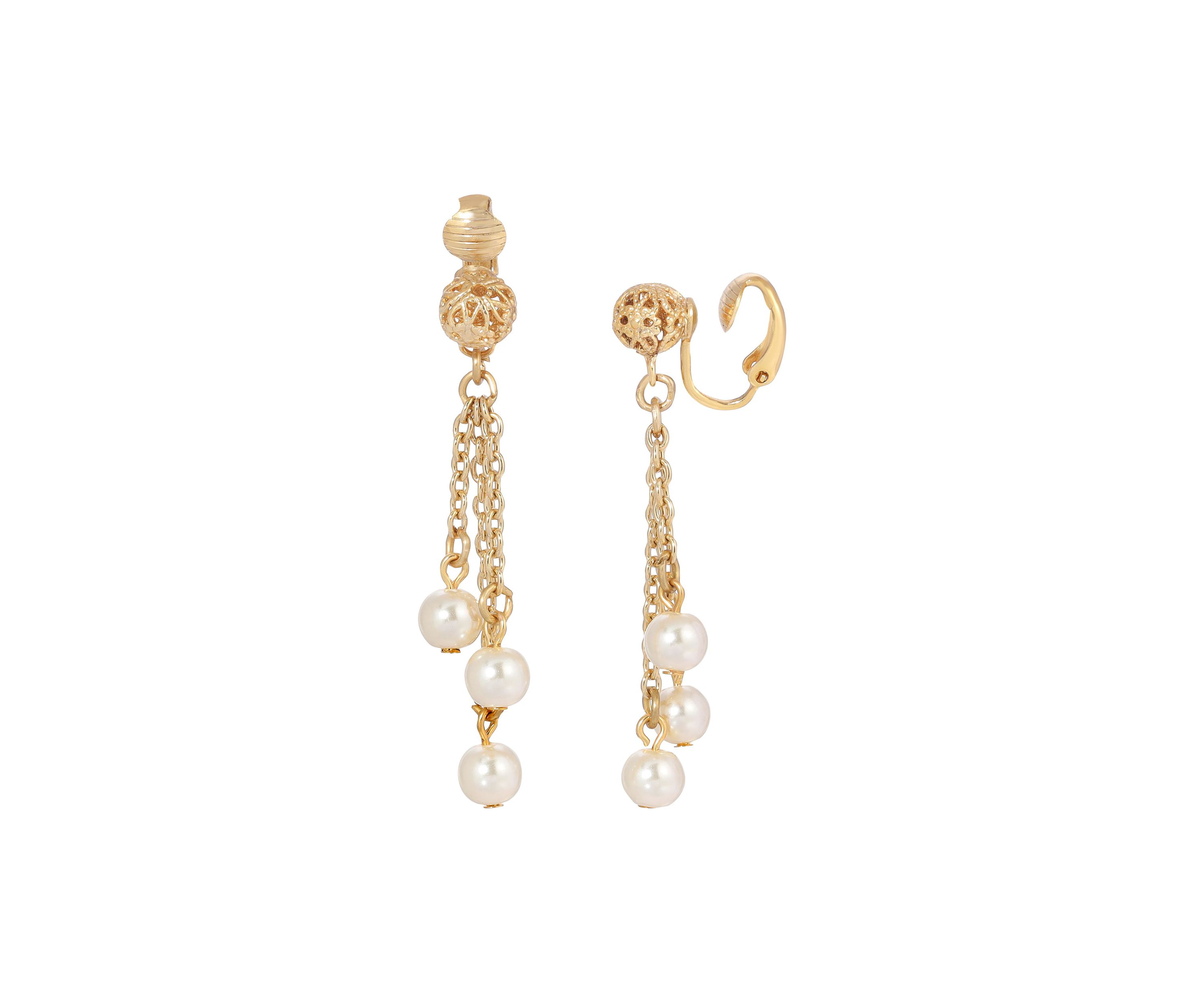 Gold-tone Faux Pearl Linear Clip Earring
