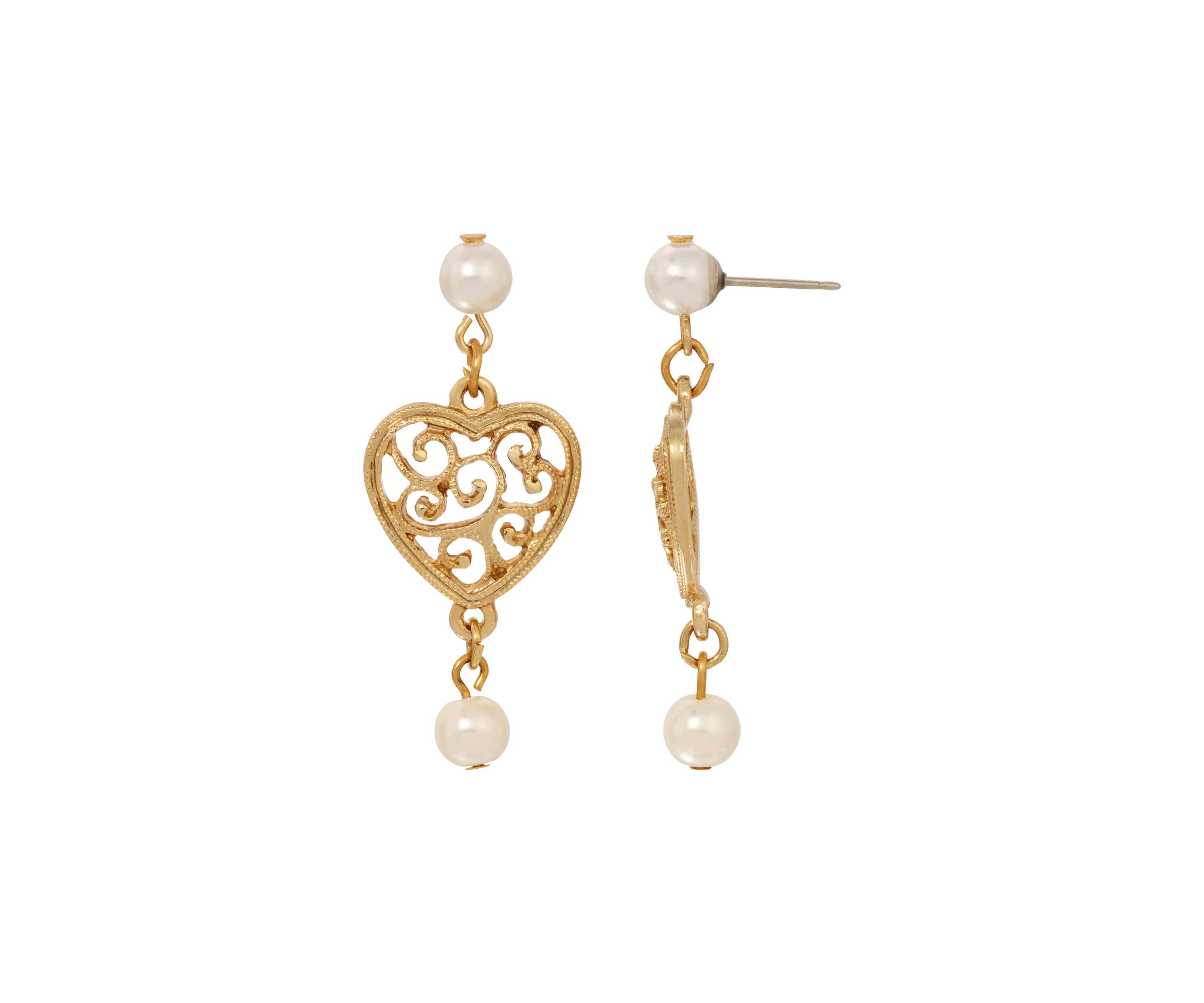 Gold Tone Pearl Heart Drop Earrings