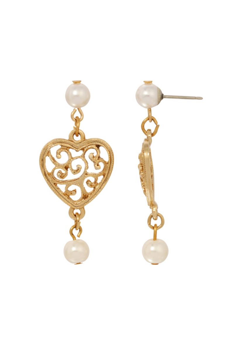 Gold Tone Pearl Heart Drop Earrings