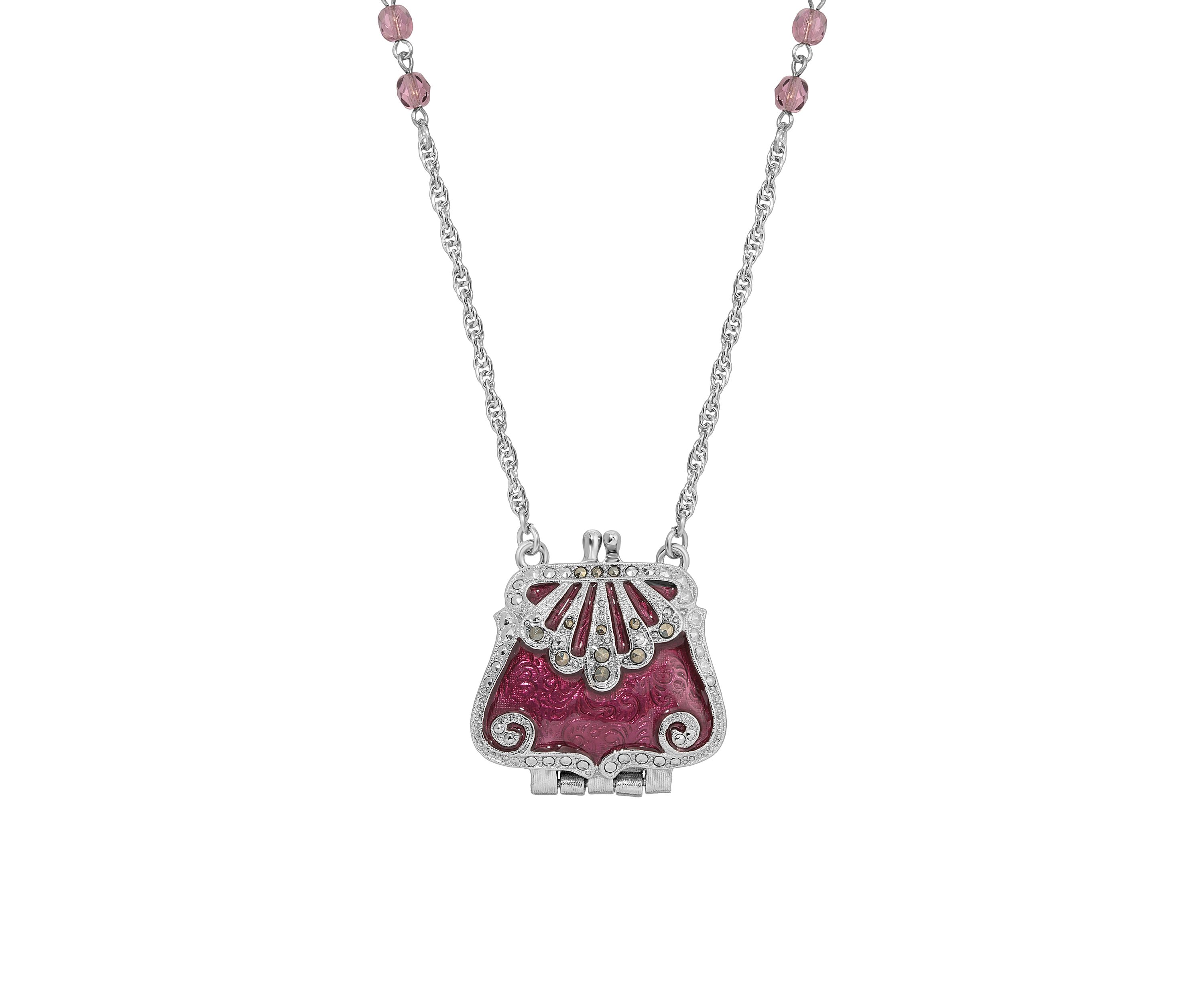 Silver Tone Pink Purse Necklace 32"
