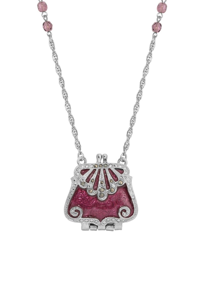 Silver Tone Pink Purse Necklace 32"