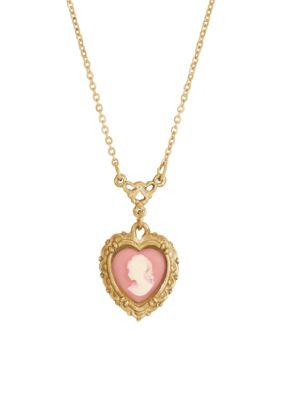 Gold-tone Pink Resin Cameo Heart Necklace