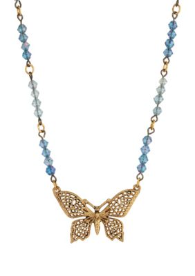 Gold Tone Blue Beaded Butterfly Necklace 16" Adj.