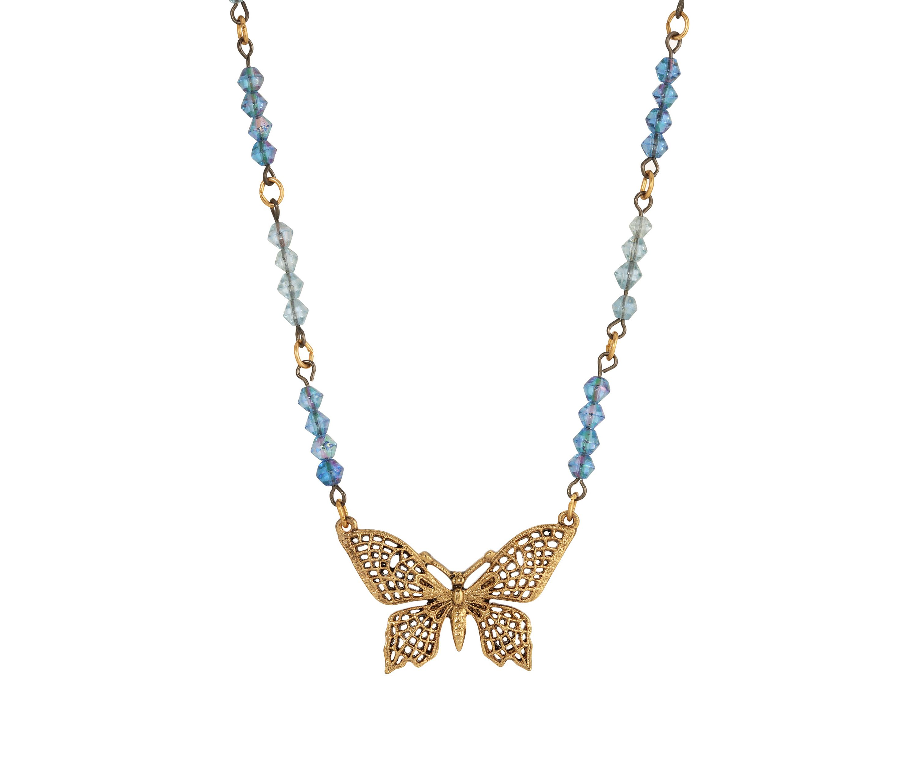 Gold Tone Blue Beaded Butterfly Necklace 16" Adj.