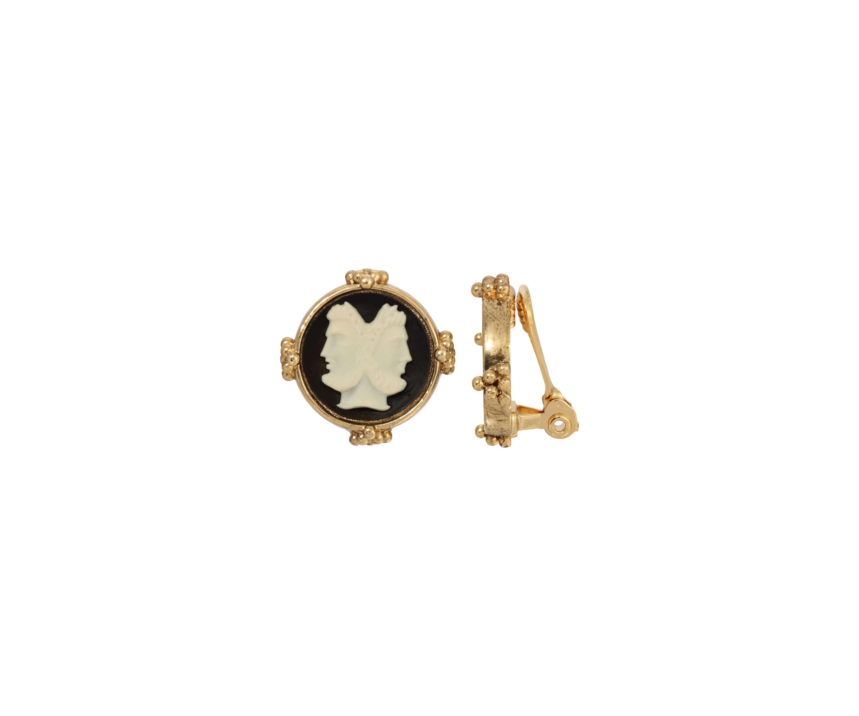 Blk Wht Two Head Cameo Clip On Earrings