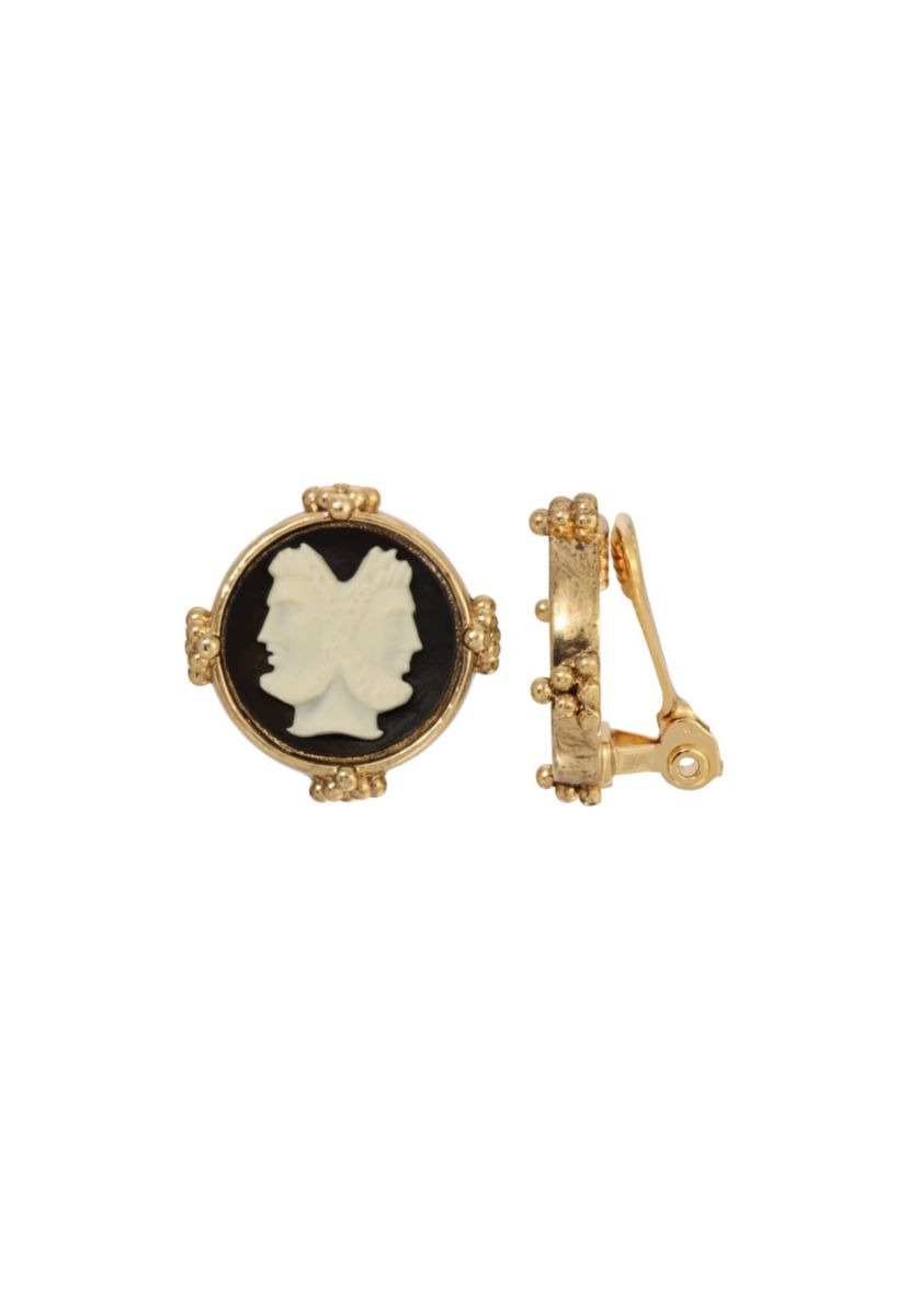 Blk Wht Two Head Cameo Clip On Earrings