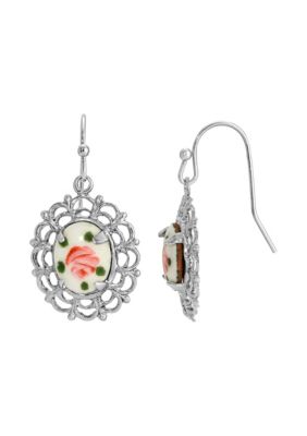 Silver-tone Flower Decal Oval Drop Earring