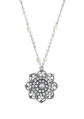 Silver-tone Crystal Filigree Flower Necklace 18"