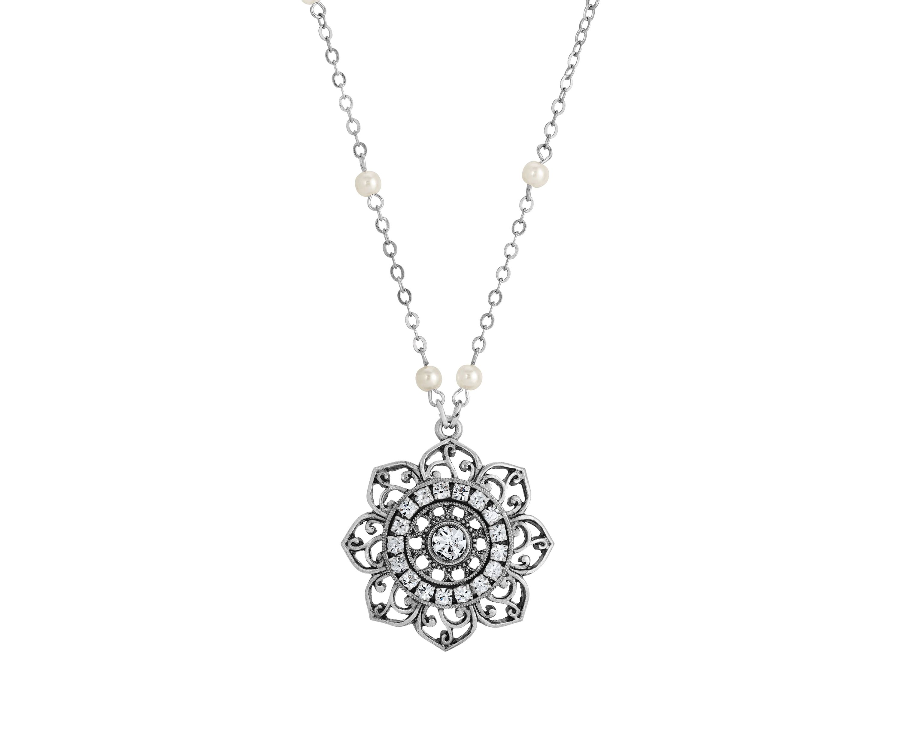 Silver-tone Crystal Filigree Flower Necklace 18"