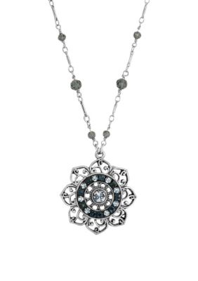 Silver-tone Blue Fiigree Flower Necklace 18"