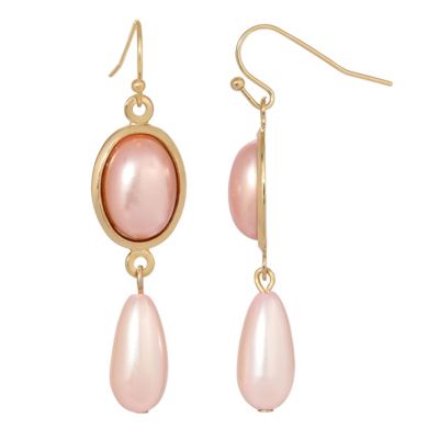 Gold Tone Pink Pearl Drop Earrings