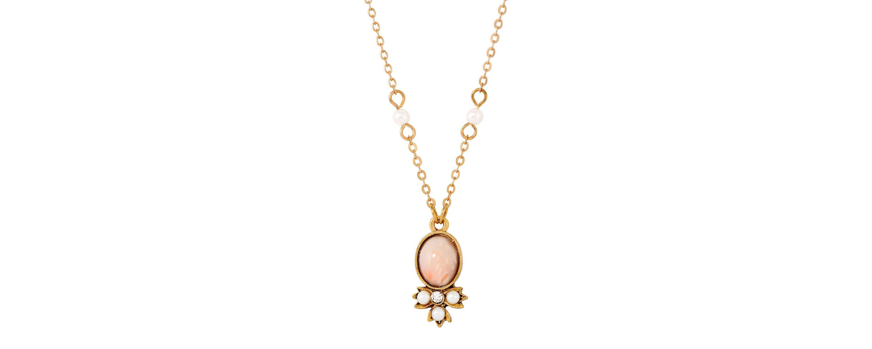 Gold Tone Peach Color Faux Pearl and Crystal Drop 16"+3" ADJ Necklace