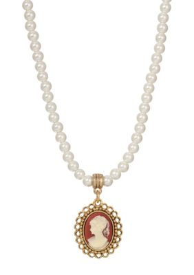 Faux Pearl Cameo Pendant Necklace 15" adj.