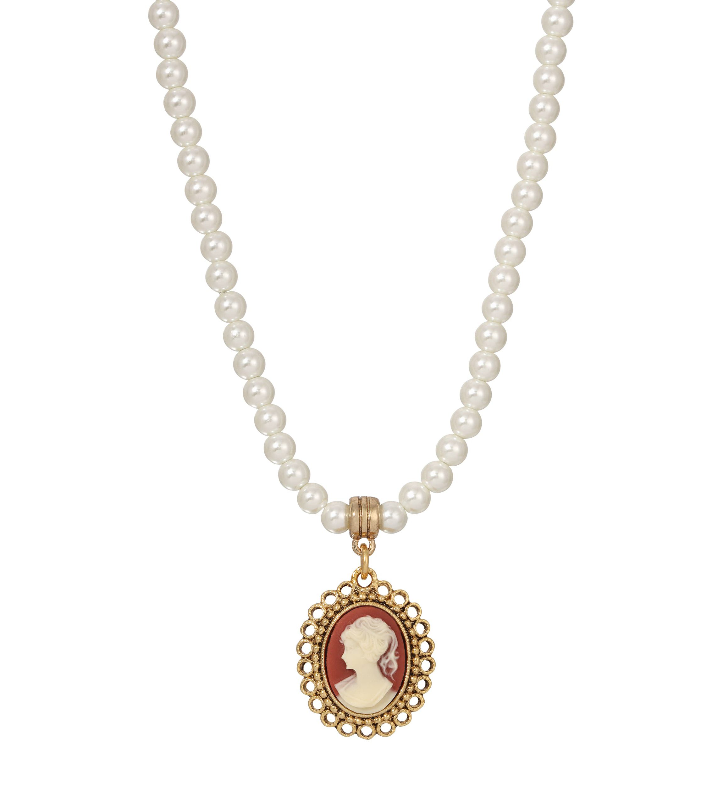 Faux Pearl Cameo Pendant Necklace 15" adj.