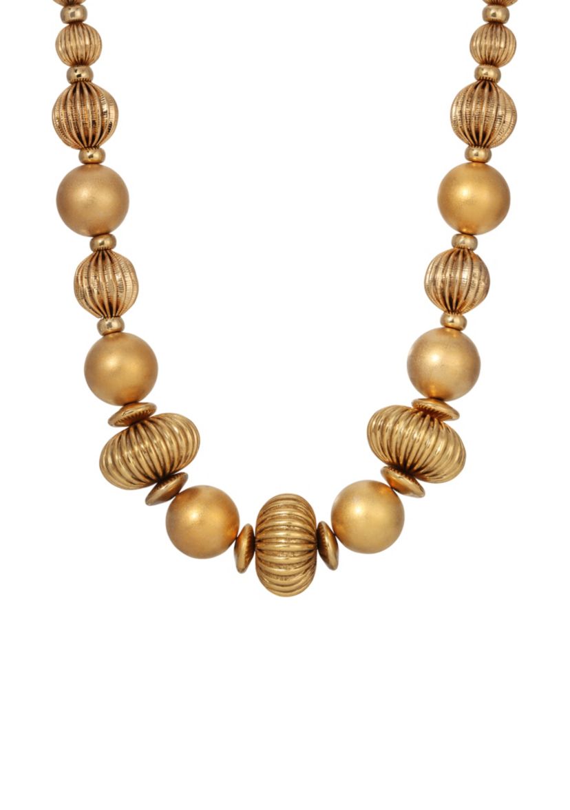 Gold Tone Round Corrugated Bead Necklace