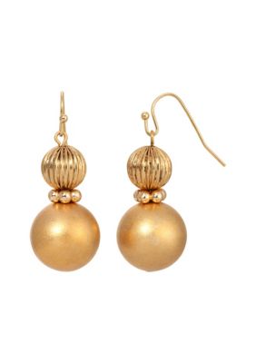 Gold Tone Round Corrugated Rondell Drop Earrings