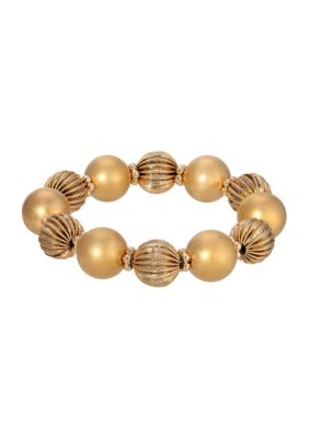Gold Tone Round Corrugated Rondell Stretch Bracelet