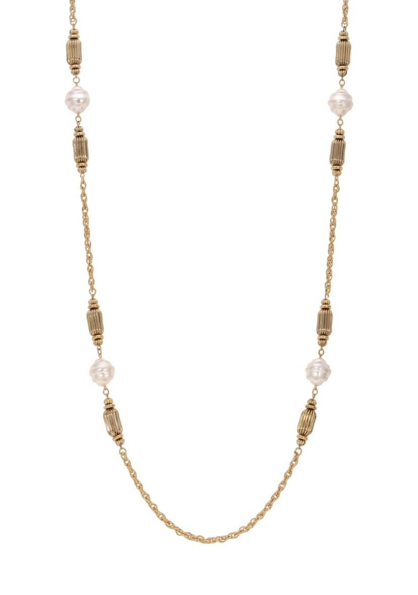 Gold Tone Faux Pearl Long Necklace 42"