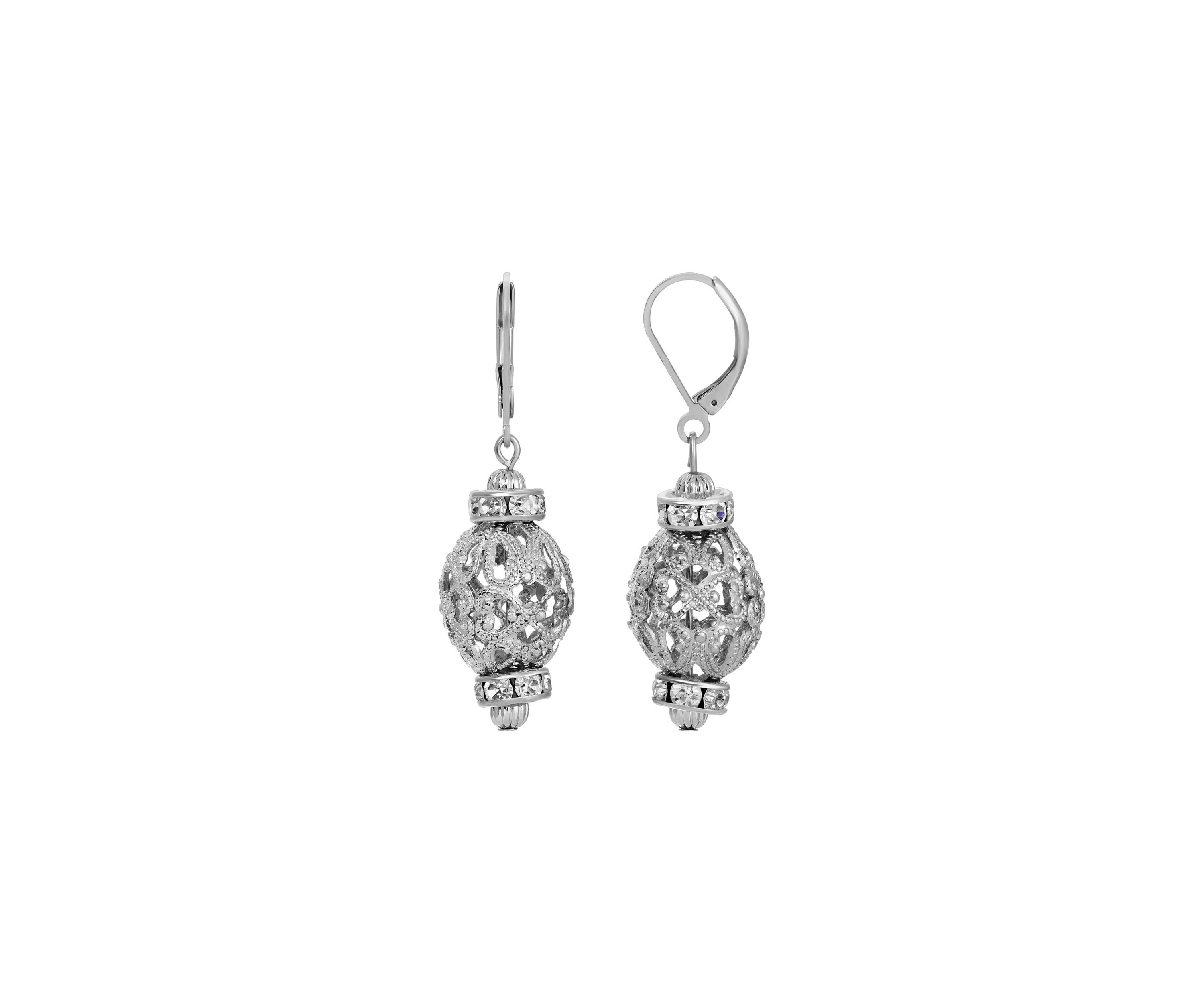 Silver-tone Filigree Bead Crystal Drop Earrings